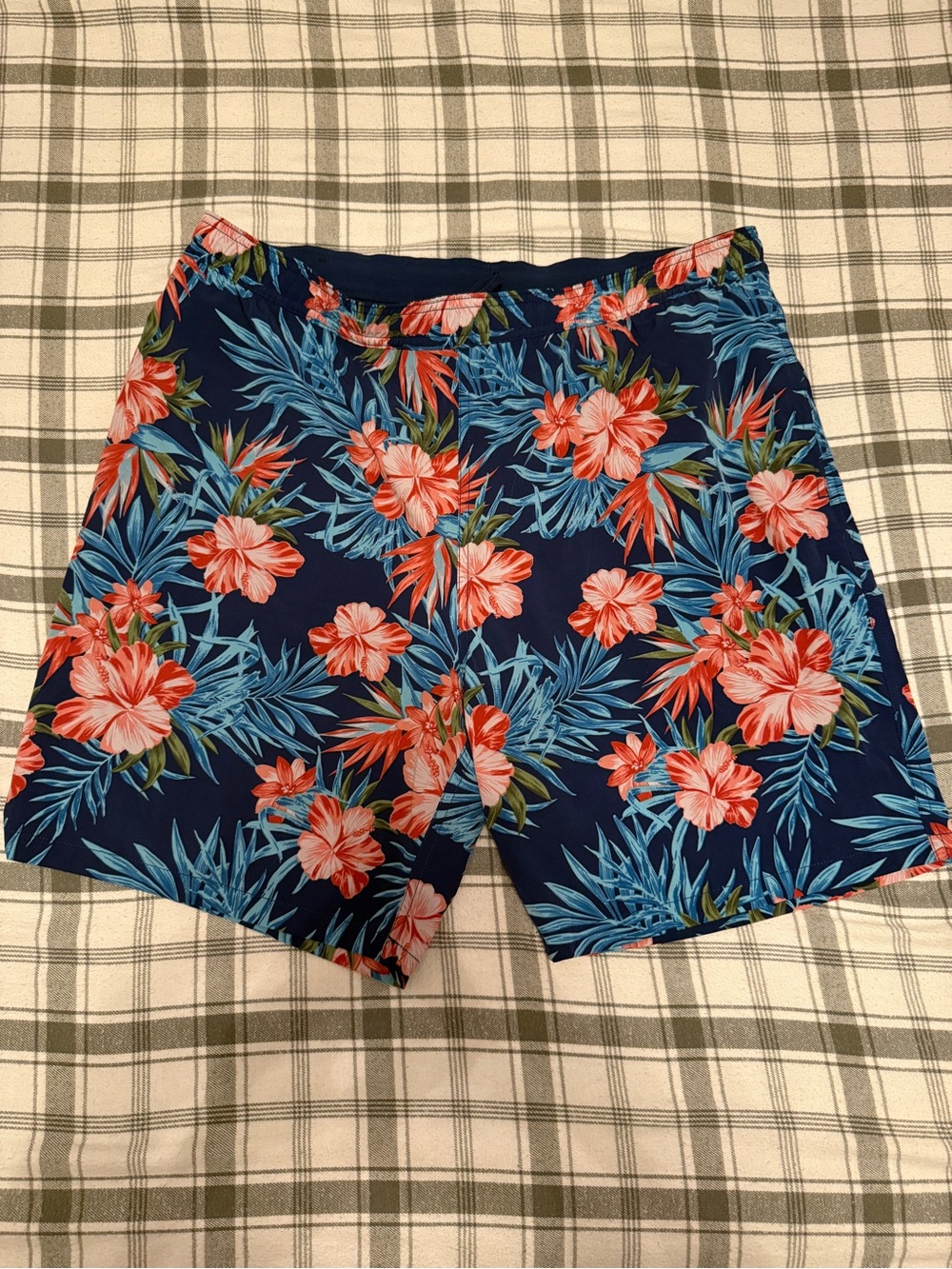 Kirkland Signature Navy Swim Shorts with Red Floral & Blue Foliage